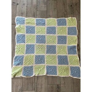 Handcrafted Crochet Baby Blanket 34"x34" Blue Green Squares Throw Afghan